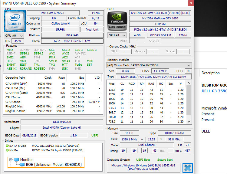 インテルHM370、第9世代 Core i7-9750H 、単体GPUにNVIDIA GeForce GTX 1650