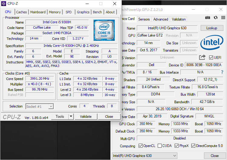 Core i5-9300Hのスペック。4コア実装