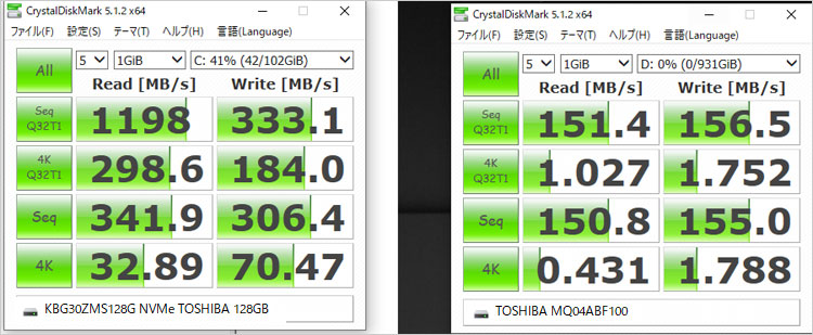 東芝製の256GB NVMe SSDを搭載