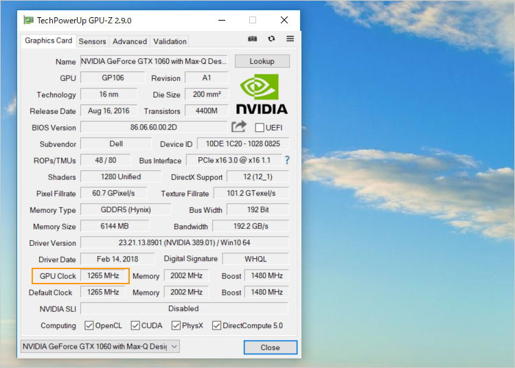 NVIDIA GeForce GTX 1060 6GB GDDR5（Max-Q Design）のスペック詳細