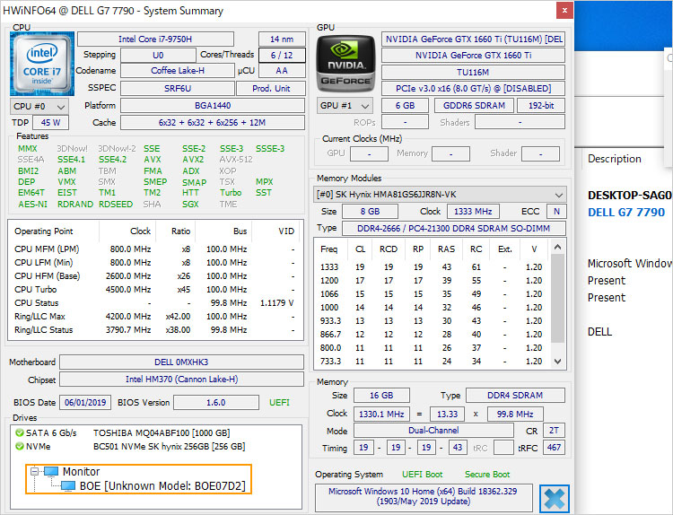 G7-17 （7790）実機のスペック詳細Core i7-9750H
