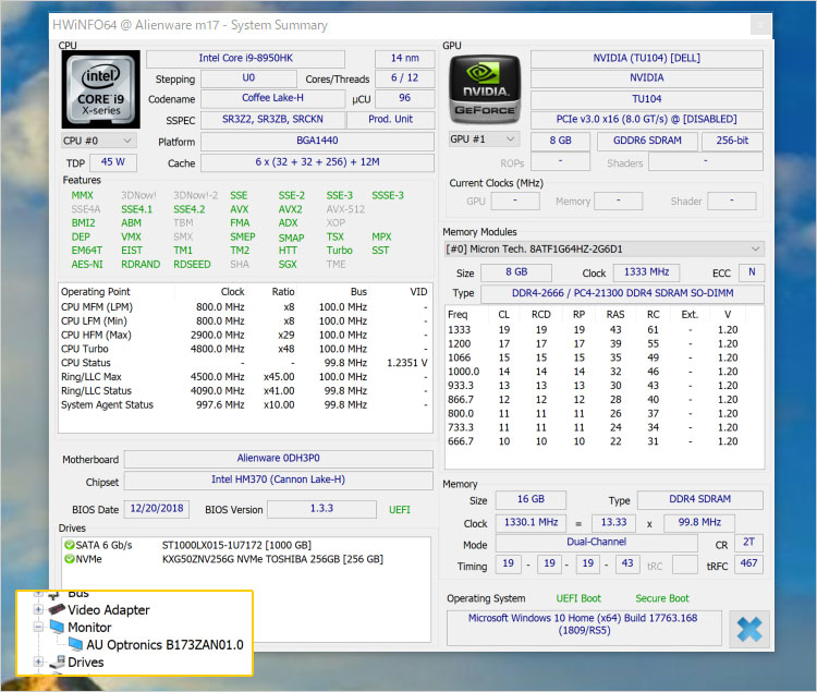 ALIENWARE M17ではAUO製のB173ZAN01.0というパネル