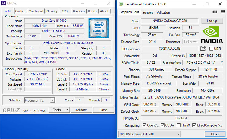 Core i5-7400のスペックと、NVIDIA GeForce GT730スペック詳細