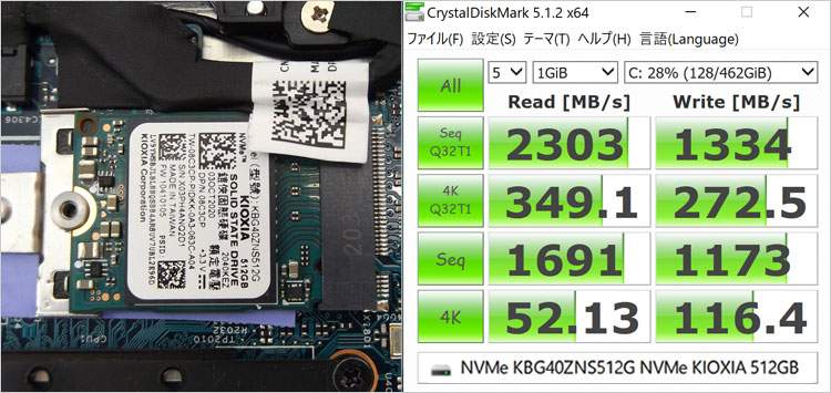 KIOXIA（東芝メモリ）製のKBG40ZNS512Gを搭載