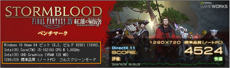 第10世代 Core i5-10210U（4コア / 8T、6MB、最大 4.2GHz）でっFF14ベンチ