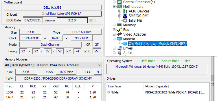 SKハイニックス製の8GB DDR4メモリ-3200MHzが2枚搭載