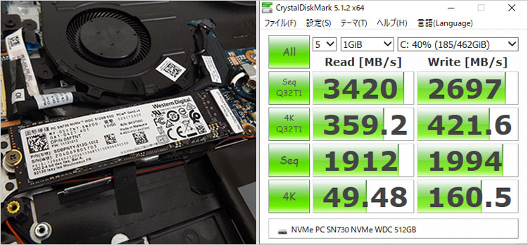 ウエスタン・デジタル製のPC SN730を搭載