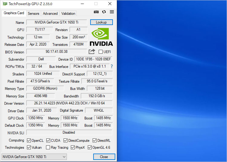 単体GPU、NVIDIA GeForce GTX 1650Ti 4GB GDDR6