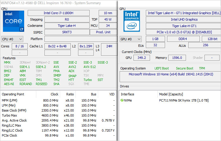 Tiger Lake-H45）の第11世代Core i7-11800Hを搭載