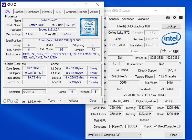 CPUz-Core i7-9700のスペック
