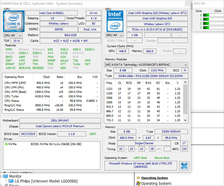 Whiskey Lake-U。CPUに第8世代 Core i5-8365U搭載。メモリは8GB（8GB×1） DDR4を搭載。メモリスロット自体は2基ある。ストレージは256GB NVMe SSD （M.2 / PC