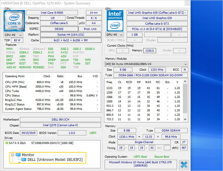 OptiPlex 5270実機のスペック詳細。チップセットはインテルQ370