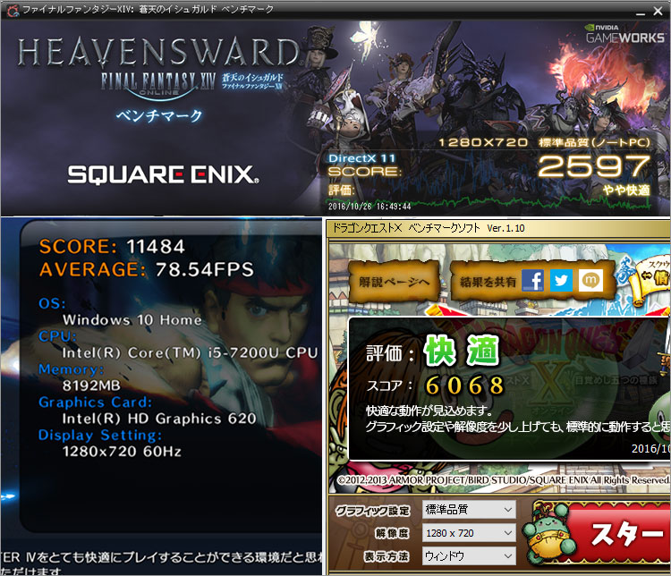 インテル HD グラフィックス620ゲームのベンチマークテスト