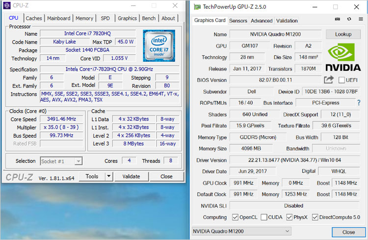 Core i7-7820HQとQuadro M1200Mの詳細情報スペック