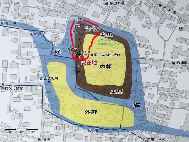 栗田城の主郭における縄張り想定図