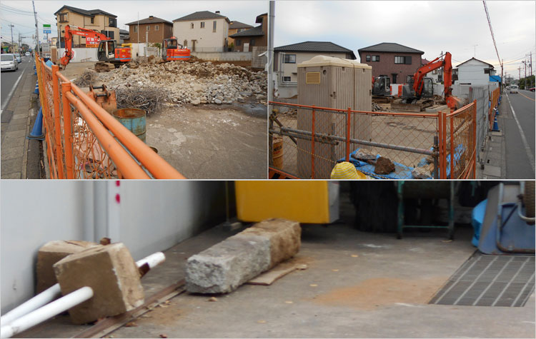 ガソリンスタンドに、本丸跡の石柱