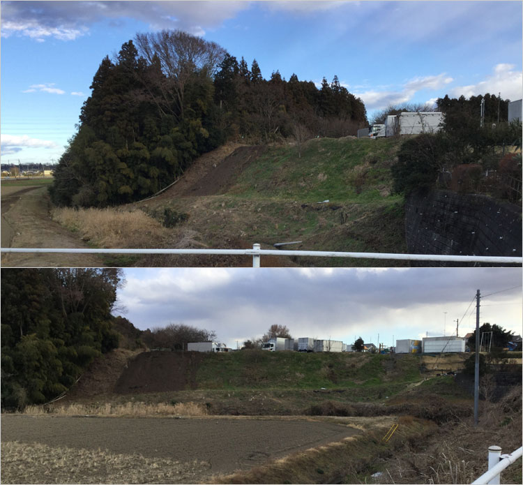 堀を挟んだ手前（西側）は運送会社の駐車場