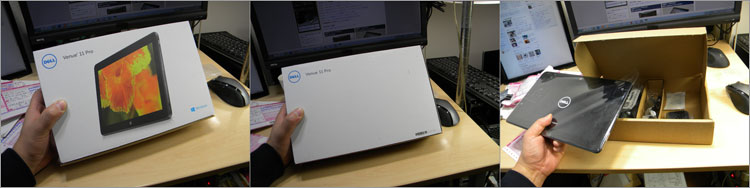 Venue 11 Pro 7000シリーズのパッケージデザインと梱包風景