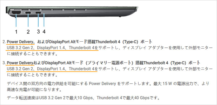 Power Delivery、USB 3.2-Gen2（1レーンの10Gbps）、Display Port 1.4、Thunderbolt 4（40Gbps）に対応