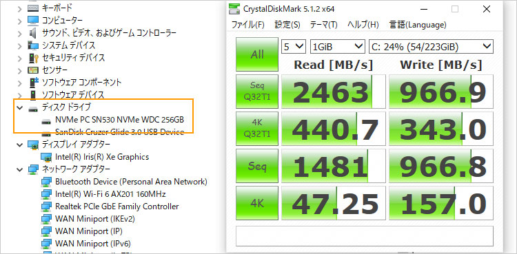 SanDisk製のPC SN530 NVMeを搭載