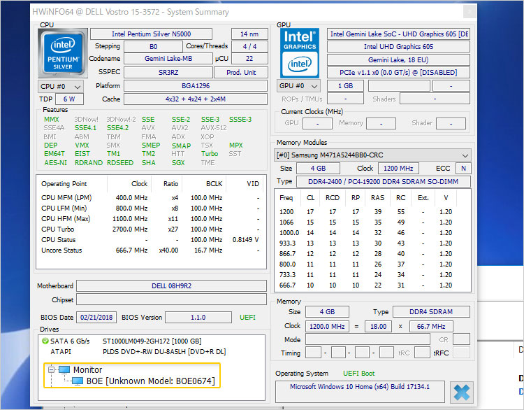 Vostro 15（3572）実機の構成スペック