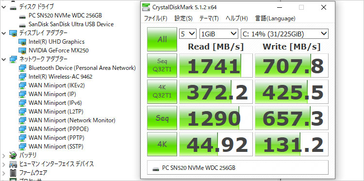 NVMe SSD（ウエスタンデジタル：SN520）