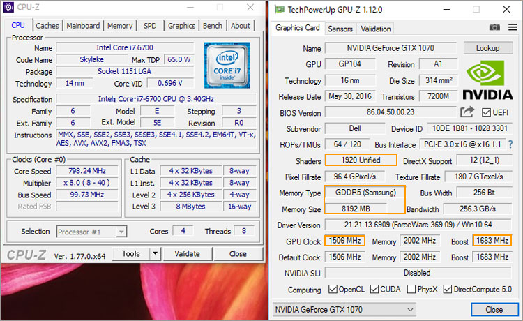 スペック詳細：Core i7-6700 + NVIDIA GeForce GTX 1070ｔ