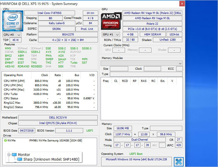 レビュー機のXPS 15 2-in-1（9575）CPU・GPU・メインメモリ・ストレージ・マザーボード・OS