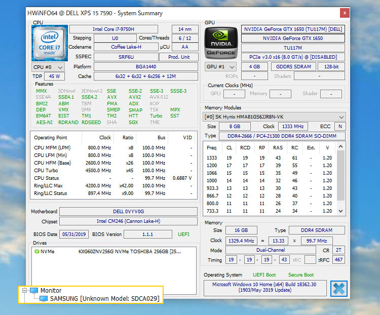 XPS 15-7590実機のスペック