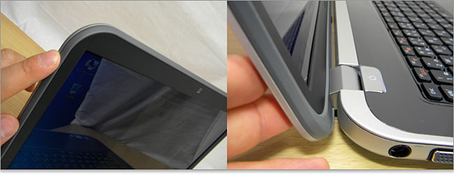 キーボード緩衝用に棒状のゴムがベゼルのInspiron 15R