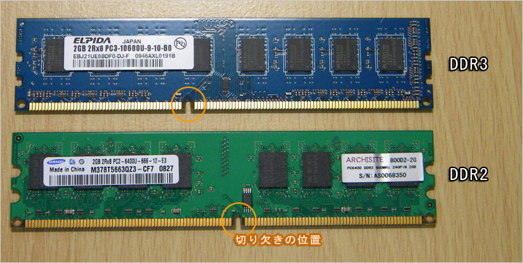 DDR2とDDR3の切り欠き位置