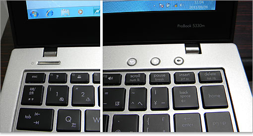 左：電源ボタン、右：機能系ボタン。ProBook 5330m