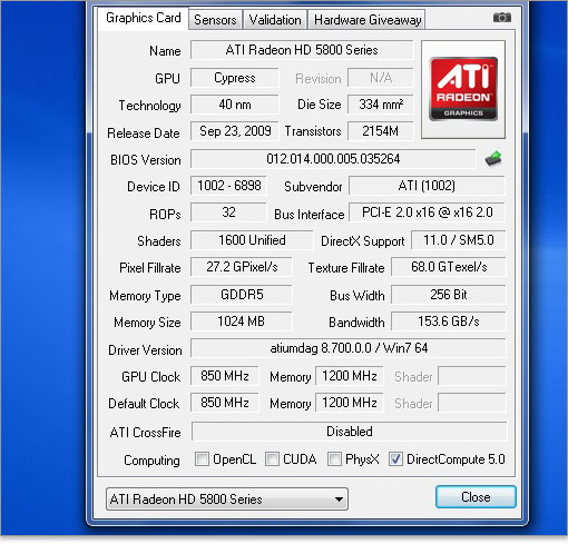 ATI RadeonTM HD 5870を、GPU-Zでチェック。
