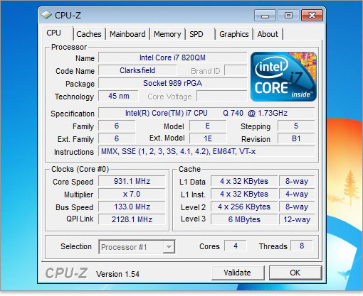 CPU-ZでCore i7-740QMの詳細をチェック