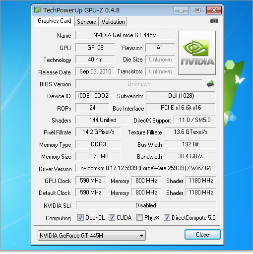 GeForce GT 445Mを、GPU-Zでチェック