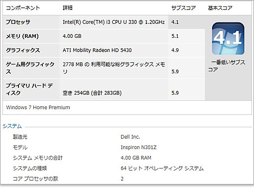 Inspiron N301z(NEW Inspiron 13z)のスペック