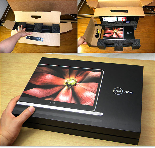 緩衝材に挟まれた中箱にXPS 15がある